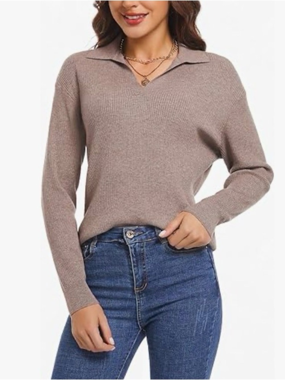 Women's Collared V-Neck Pullover Sweater - Taupe